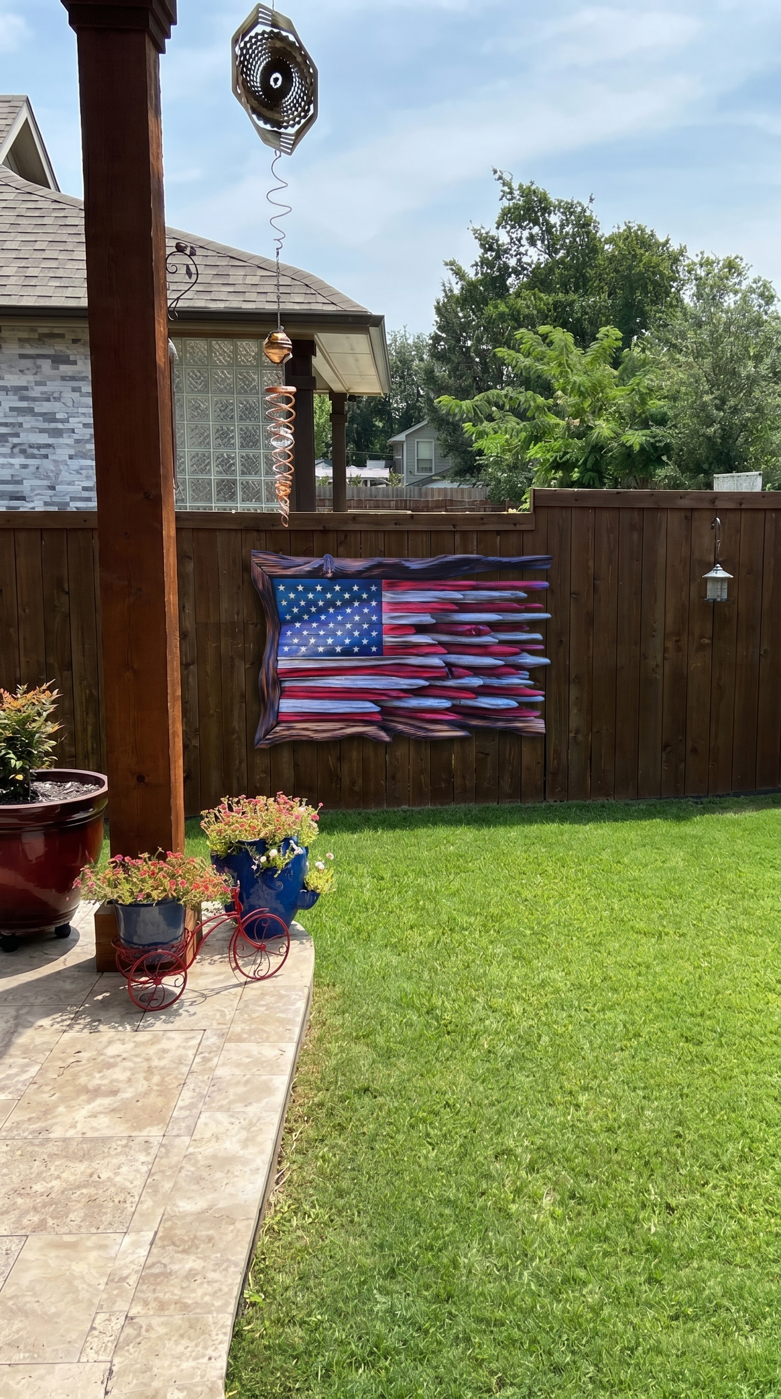 Wood flag displayed in a backyard